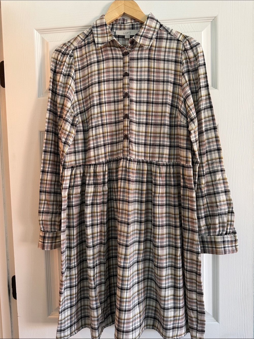 LOFT Plaid Button-Front Long Sleeve Dress in Cream, Black, Tan
